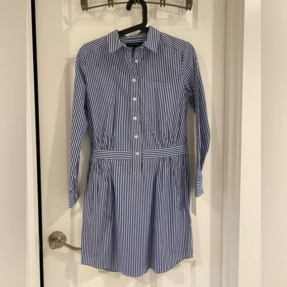 banana republic blue and white dress NWT Banana Republic Linen-Cotton Shirt Dress, Black Stripe SIZE M #586033 T0922